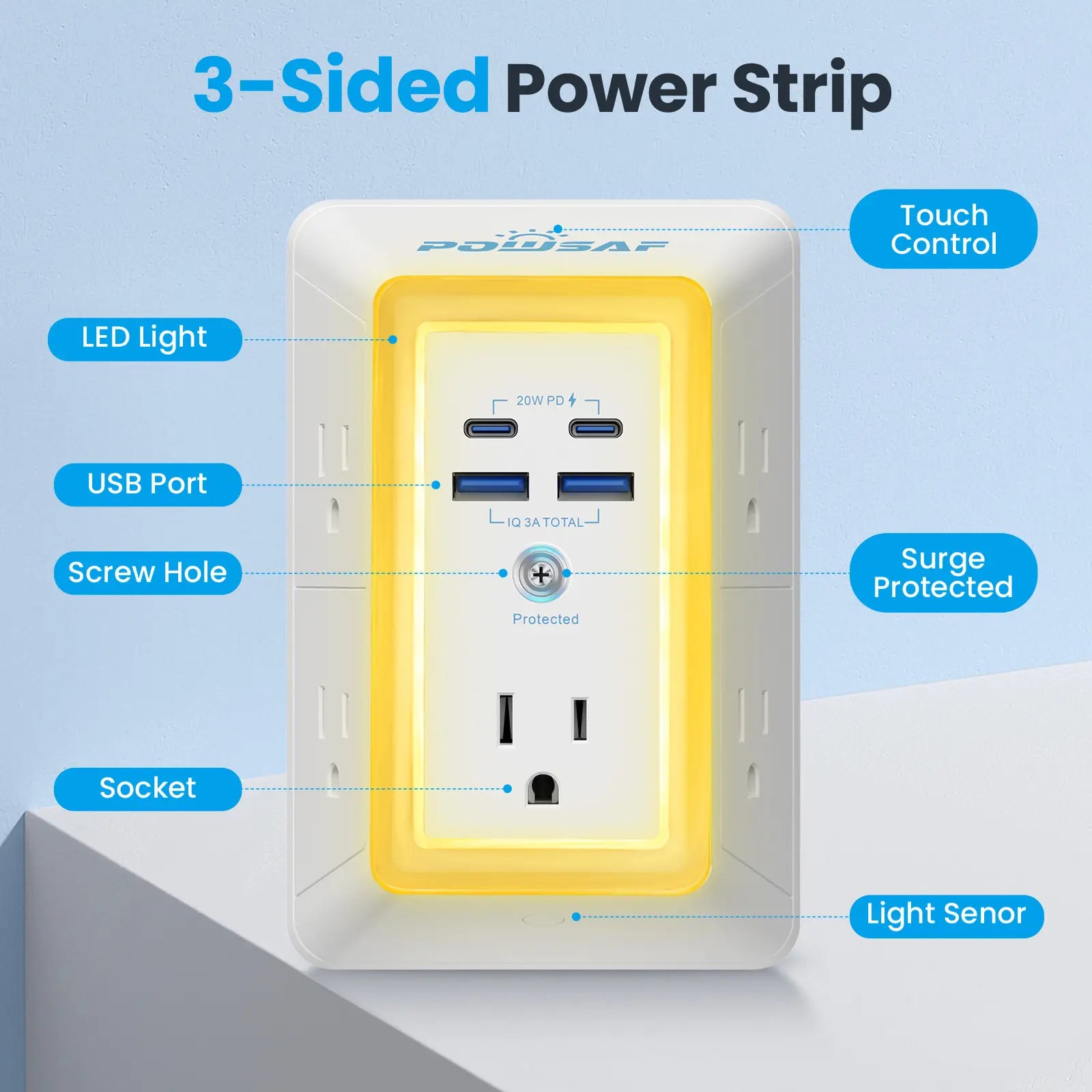 Multi Plug Outlet Surge Protector -Summervibes- POWSAF 5 Outlet Extender with 4 USB Ports(2 USB-C Fast Ports) and Night Light, 3-Sided Power Strip with Adapter Spaced Outlets - ETL Multiple Sockets Summerwins