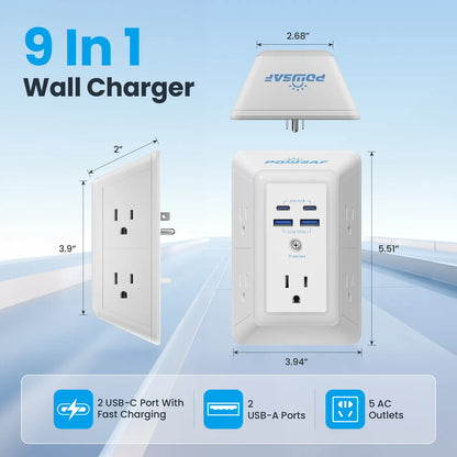 Multi Plug Outlet Surge Protector -Summervibes- POWSAF 5 Outlet Extender with 4 USB Ports(2 USB-C Fast Ports) and Night Light, 3-Sided Power Strip with Adapter Spaced Outlets - ETL Multiple Sockets Summerwins