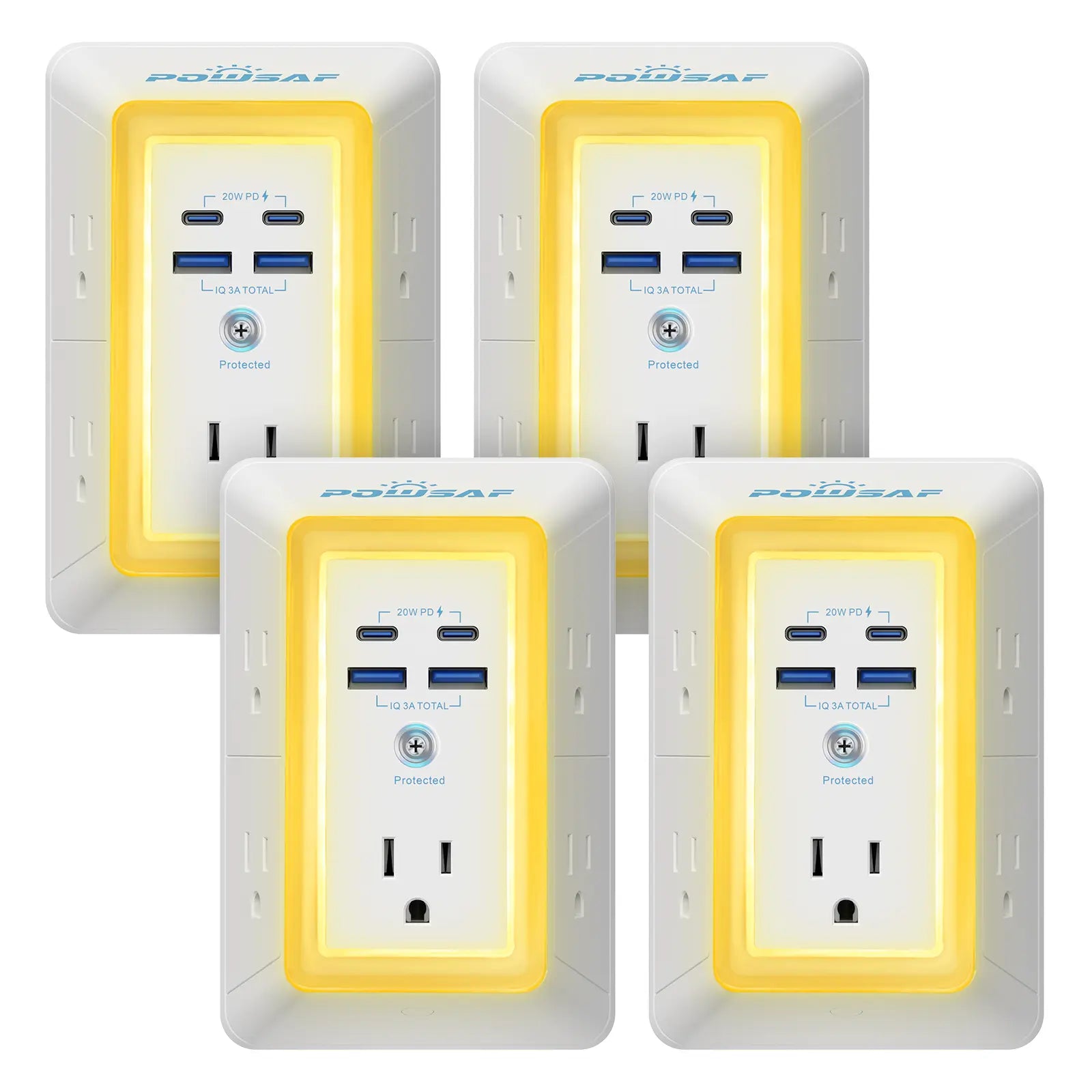 Multi Plug Outlet Surge Protector -Summervibes- POWSAF 5 Outlet Extender with 4 USB Ports(2 USB-C Fast Ports) and Night Light, 3-Sided Power Strip with Adapter Spaced Outlets - ETL Multiple Sockets Summerwins