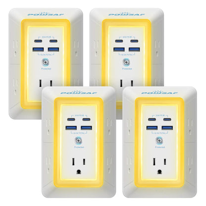 Multi Plug Outlet Surge Protector -Summervibes- POWSAF 5 Outlet Extender with 4 USB Ports(2 USB-C Fast Ports) and Night Light, 3-Sided Power Strip with Adapter Spaced Outlets - ETL Multiple Sockets Summerwins