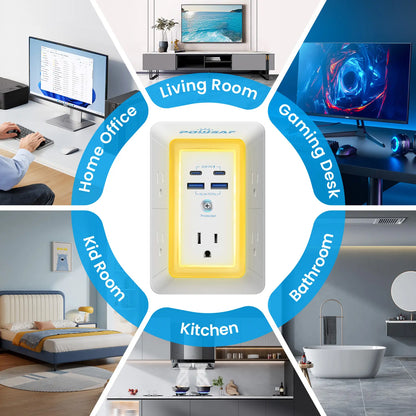 Multi Plug Outlet Surge Protector -Summervibes- POWSAF 5 Outlet Extender with 4 USB Ports(2 USB-C Fast Ports) and Night Light, 3-Sided Power Strip with Adapter Spaced Outlets - ETL Multiple Sockets Summerwins