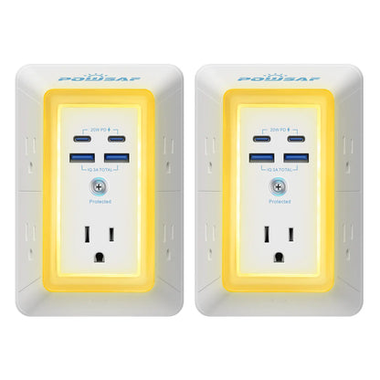 Multi Plug Outlet Surge Protector -Summervibes- POWSAF 5 Outlet Extender with 4 USB Ports(2 USB-C Fast Ports) and Night Light, 3-Sided Power Strip with Adapter Spaced Outlets - ETL Multiple Sockets Summerwins