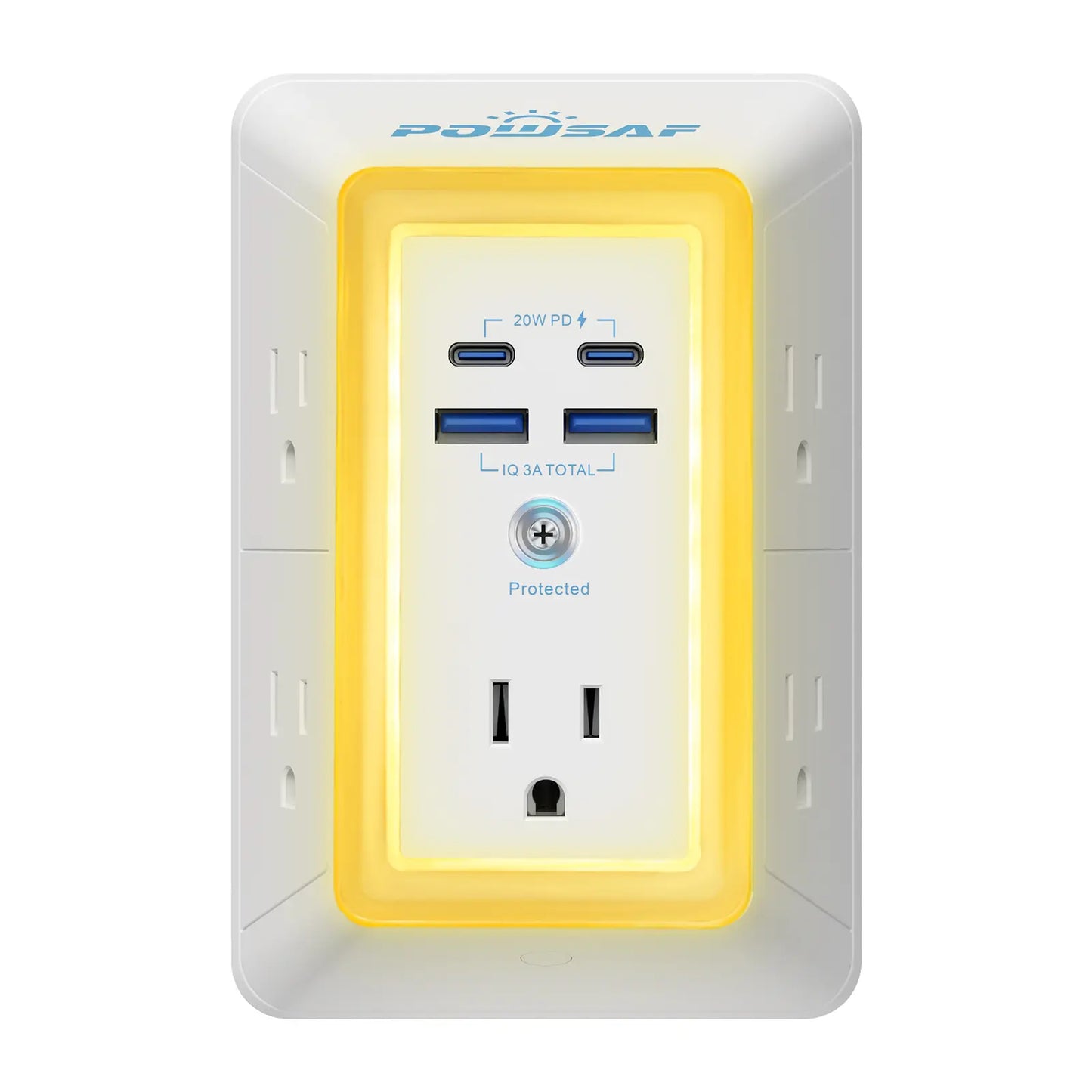 Multi Plug Outlet Surge Protector -Summervibes- POWSAF 5 Outlet Extender with 4 USB Ports(2 USB-C Fast Ports) and Night Light, 3-Sided Power Strip with Adapter Spaced Outlets - ETL Multiple Sockets Summerwins