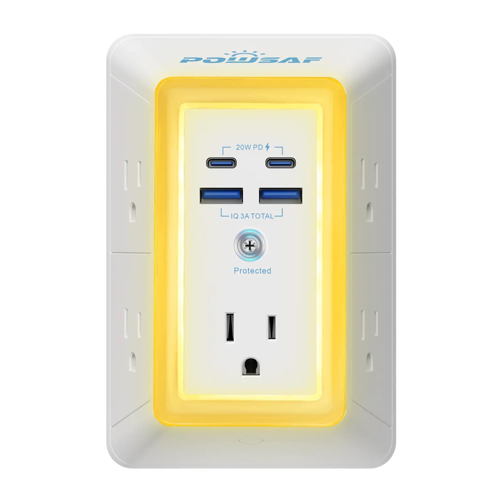 Multi Plug Outlet Surge Protector -Summervibes- POWSAF 5 Outlet Extender with 4 USB Ports(2 USB-C Fast Ports) and Night Light, 3-Sided Power Strip with Adapter Spaced Outlets - ETL Multiple Sockets Summerwins