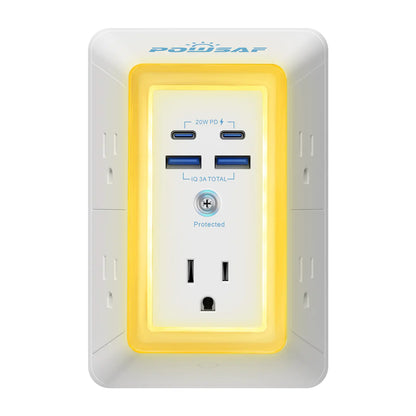 Multi Plug Outlet Surge Protector -Summervibes- POWSAF 5 Outlet Extender with 4 USB Ports(2 USB-C Fast Ports) and Night Light, 3-Sided Power Strip with Adapter Spaced Outlets - ETL Multiple Sockets Summerwins