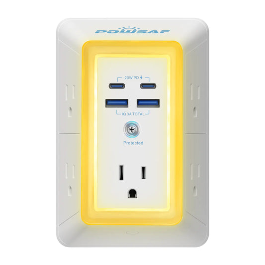 Multi Plug Outlet Surge Protector -Summervibes- POWSAF 5 Outlet Extender with 4 USB Ports(2 USB-C Fast Ports) and Night Light, 3-Sided Power Strip with Adapter Spaced Outlets - ETL Multiple Sockets Summerwins