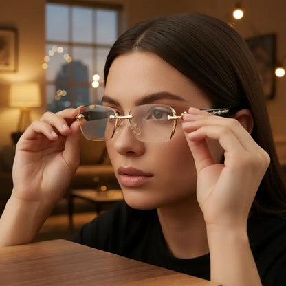 Eunoialens Rimless High Quality Eyewear, Frameless Vision Glasses with Clear Lenses,Diamond-Cut Edges, Stainless Steel Fashion Temple Decor, Unisex Adults' Accessories for Daily Use, Mens Gifts. Summerwins